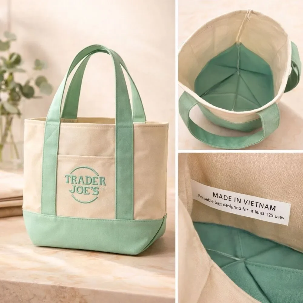 Trader Joe’s Limited Edition Mini Canvas Tote Green Embroidered Bag, New